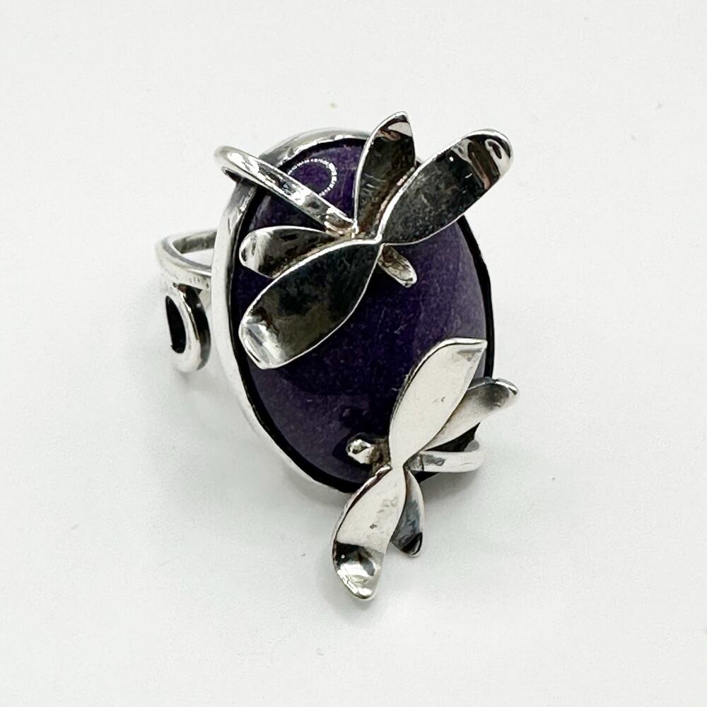 Artisan Dragonfly Ring Purple Stone 925 Marked Silver Unique Bohemian Size 6 1/4